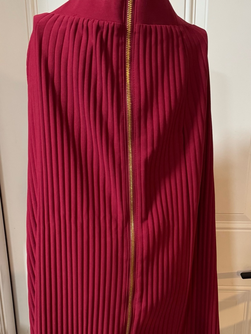 Midi Pleated Skirt with Center Gold Zip in Deep Wine-Red